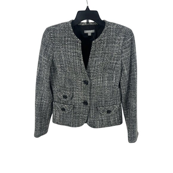 Ann Taylor Petites Womens Tweed Button-Up Blazer Jacket Black White  4P Business - Picture 1 of 9